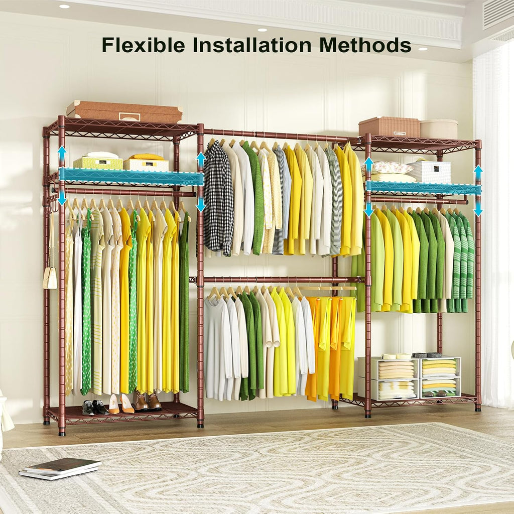 Ulif E1 Heavy Duty Closet Garment Rack, 6 Tiers Adjustable Metal Freestanding Expandable Clothing Storage with 4 Hanger Rods, Easy to Assemble Wardrobe, 71.4' H x (70' - 88.2') L x 14' D, Bronze