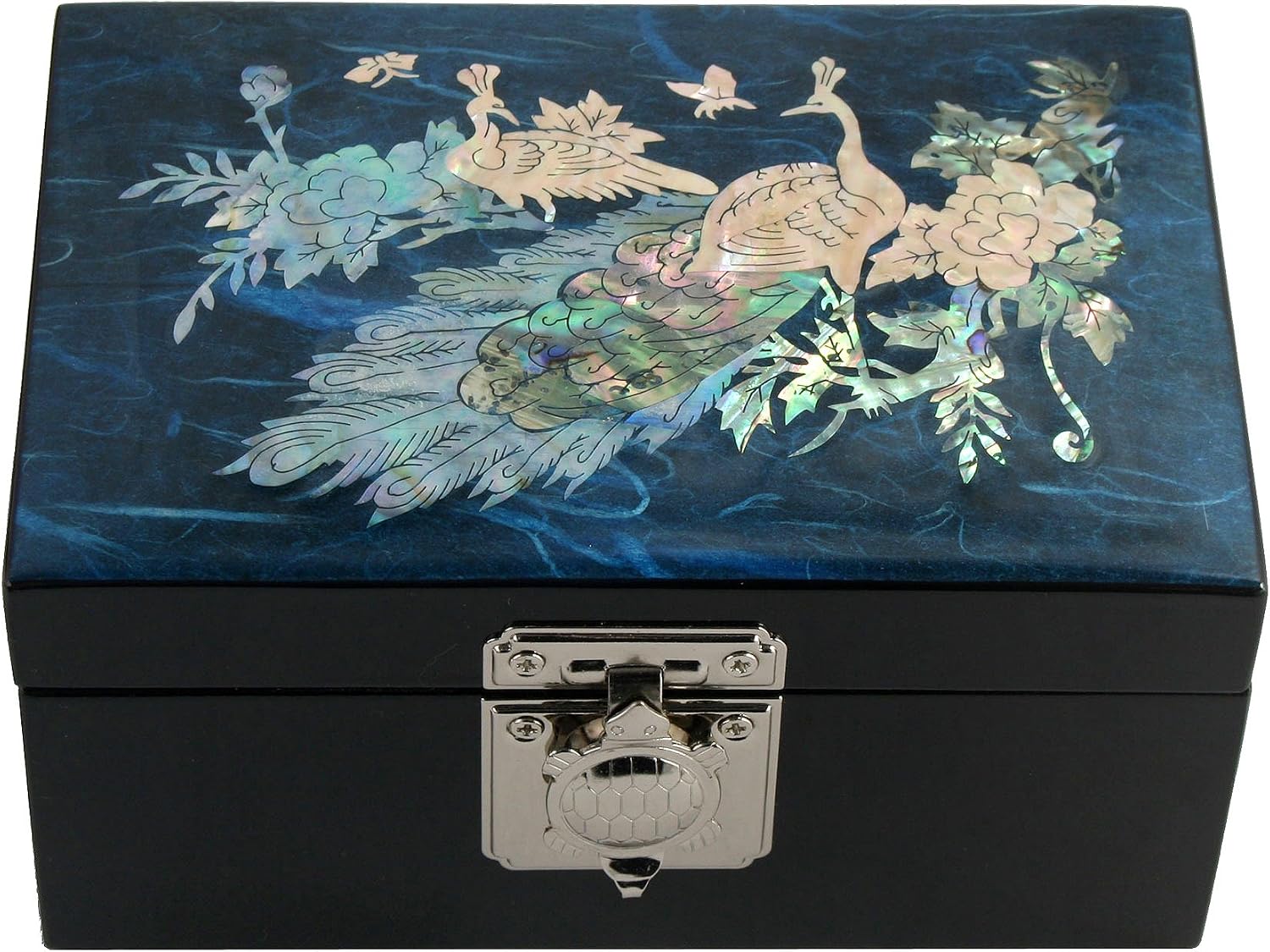 Antique Alive Mother of Pearl Inlay Design Jewelry Box, Wood Jewelry Box, Trinket Case, Keepsake Treasure Chest Box Organizer Holder (Peacock Blue)