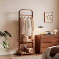 Solid Wood Clothing Racks with Shelves, Rolling Clothes Rack for Hanging Clothes Load 300 LBS, Portable Garment Rack with Wheels for Small Space (Walnut)