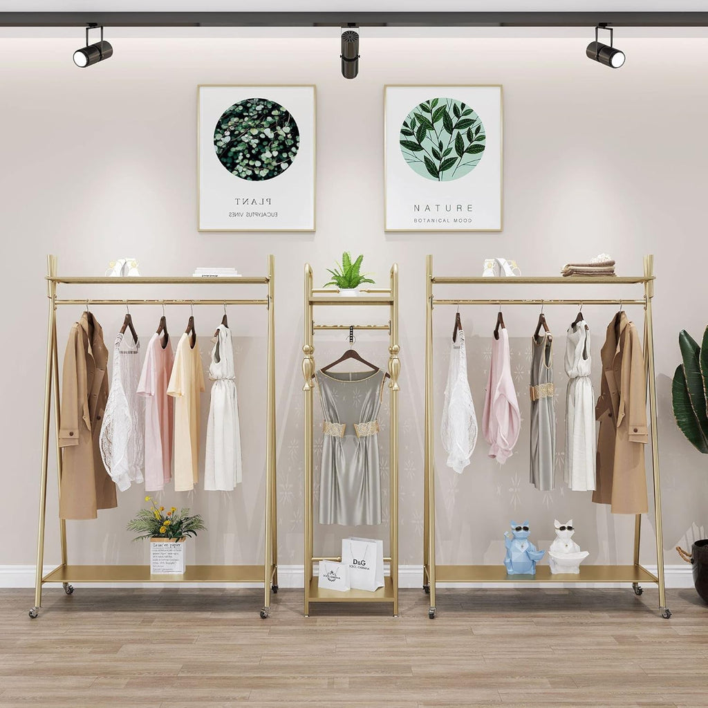Clothes rack Gold, Freestanding Industrial Garment Rack with Double shelves Multi-functional Bedroom Hanging Clothing Rack,Heavy Duty Coat Rack Organizer for Bedroom Shoes 1 pack (39'' L)