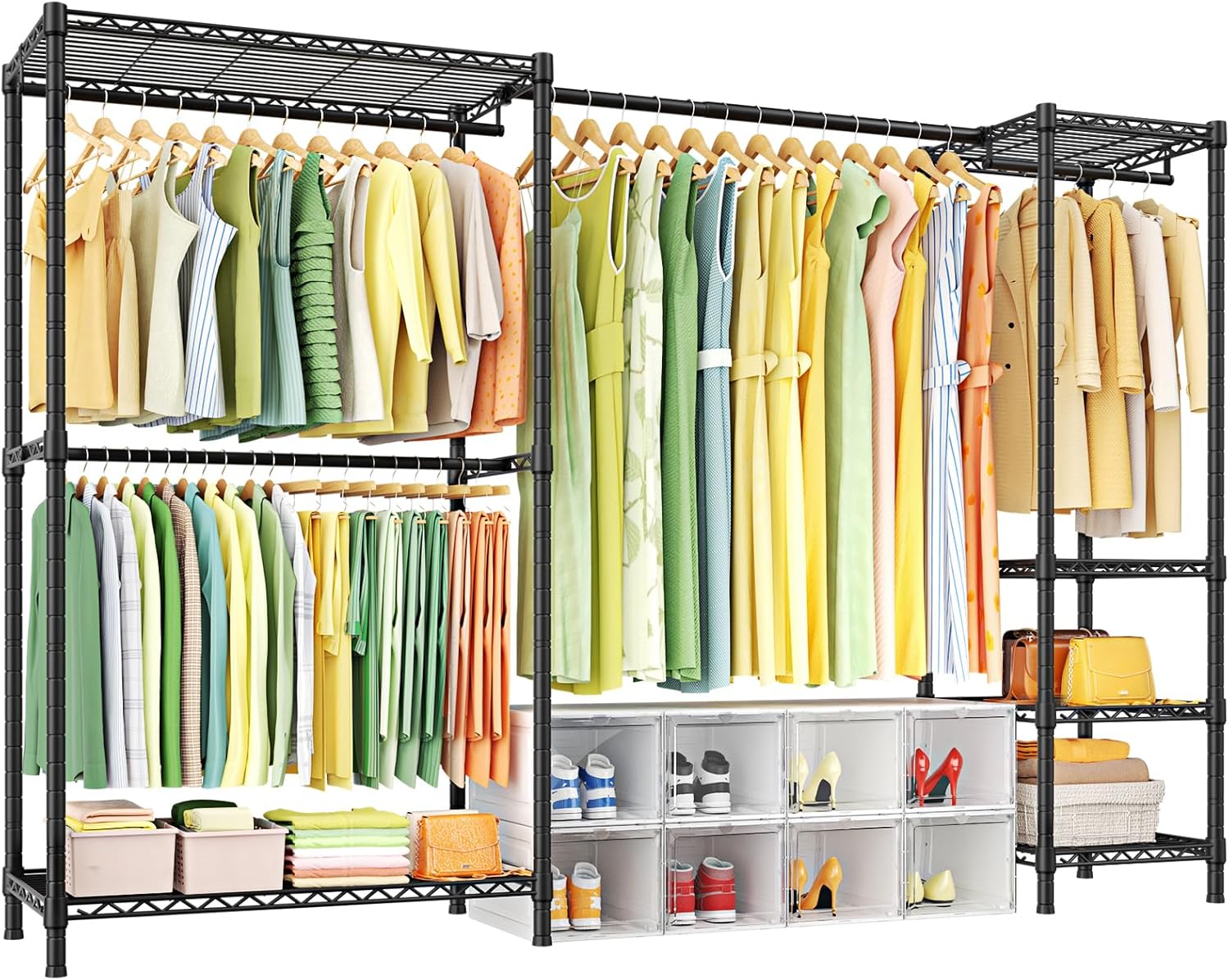 Ulif E10 Clothes Rack（With Stretchable Hanger Rod）Freestanding Clothing Racks for Hanging Clothes，Adjustable Closet Organizer System，Portable Garment Rack 73-97'W x 15' D x 72' H，Max Load 800LBS，Black