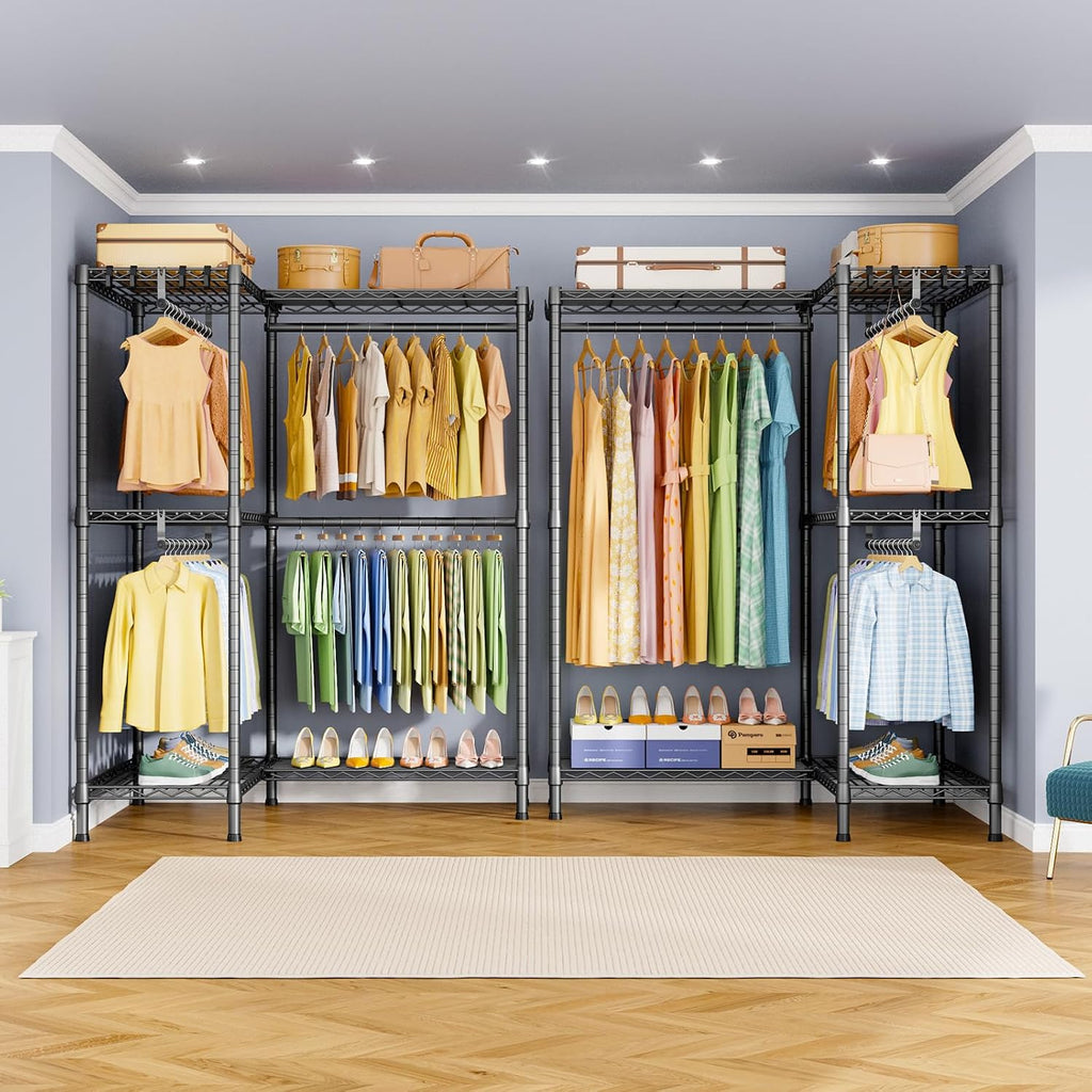 ULIFHOME E15 Garment Rack L Shaped Clothes Rack for Corner，Freestanding Clothing Racks for Hanging Clothes，Heavy Duty Closet Organizer with 4 Hanging Rods & 8 S Hooks，43.4' W x 15.8' D x 78.4' H，Grey