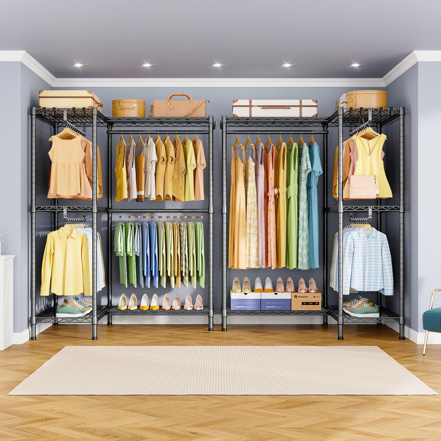 ULIFHOME E15 Garment Rack L Shaped Clothes Rack for Corner，Freestanding Clothing Racks for Hanging Clothes，Heavy Duty Closet Organizer with 4 Hanging Rods & 8 S Hooks，43.4' W x 15.8' D x 78.4' H，Grey