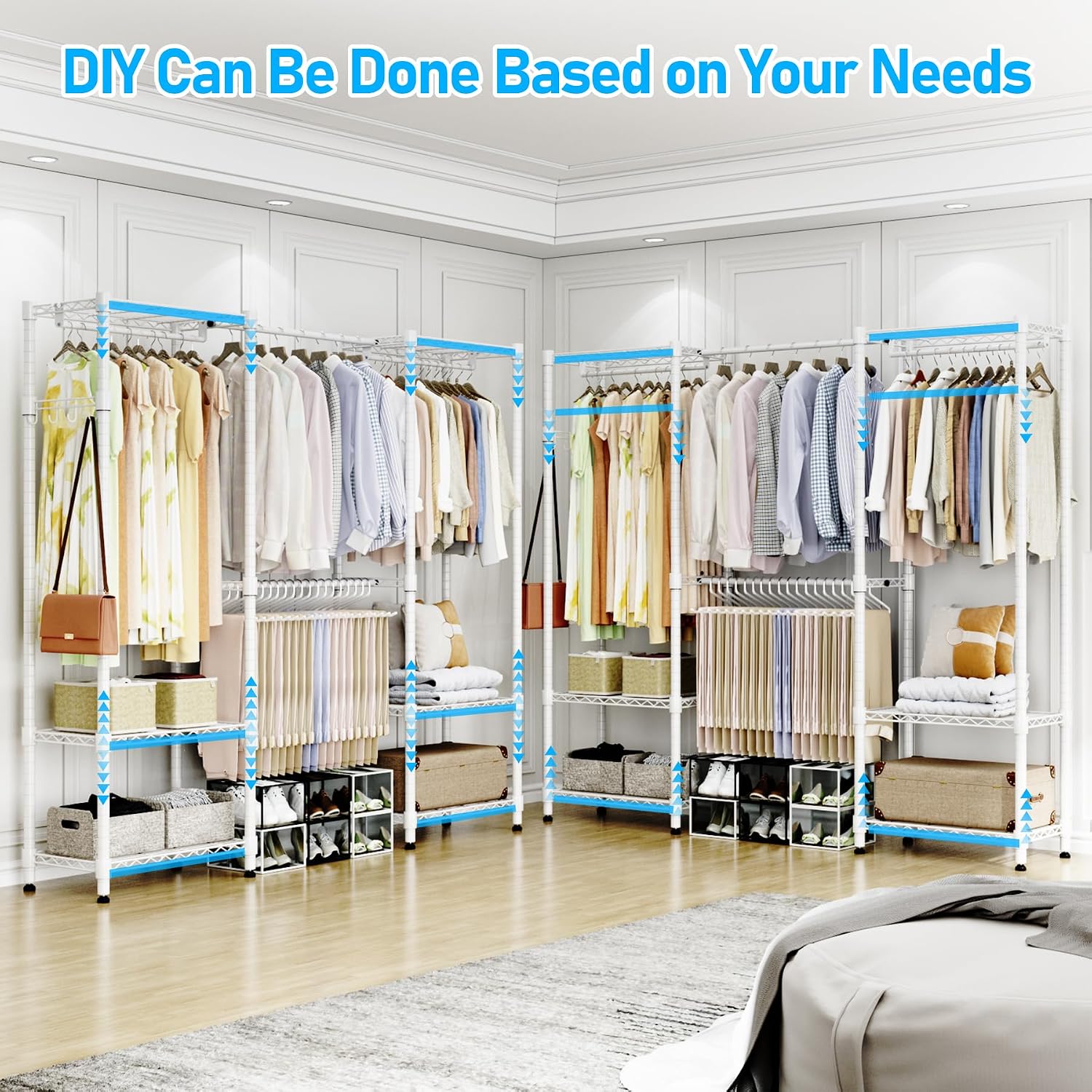 Homdox Heavy Duty Garment Rack with Extendable Hanging Rods, Adjustable Metal Clothing Rack for Hanging Clothes, Freestanding Closet Wardrobe Clothes Rack with Wire Storage Shelves, White