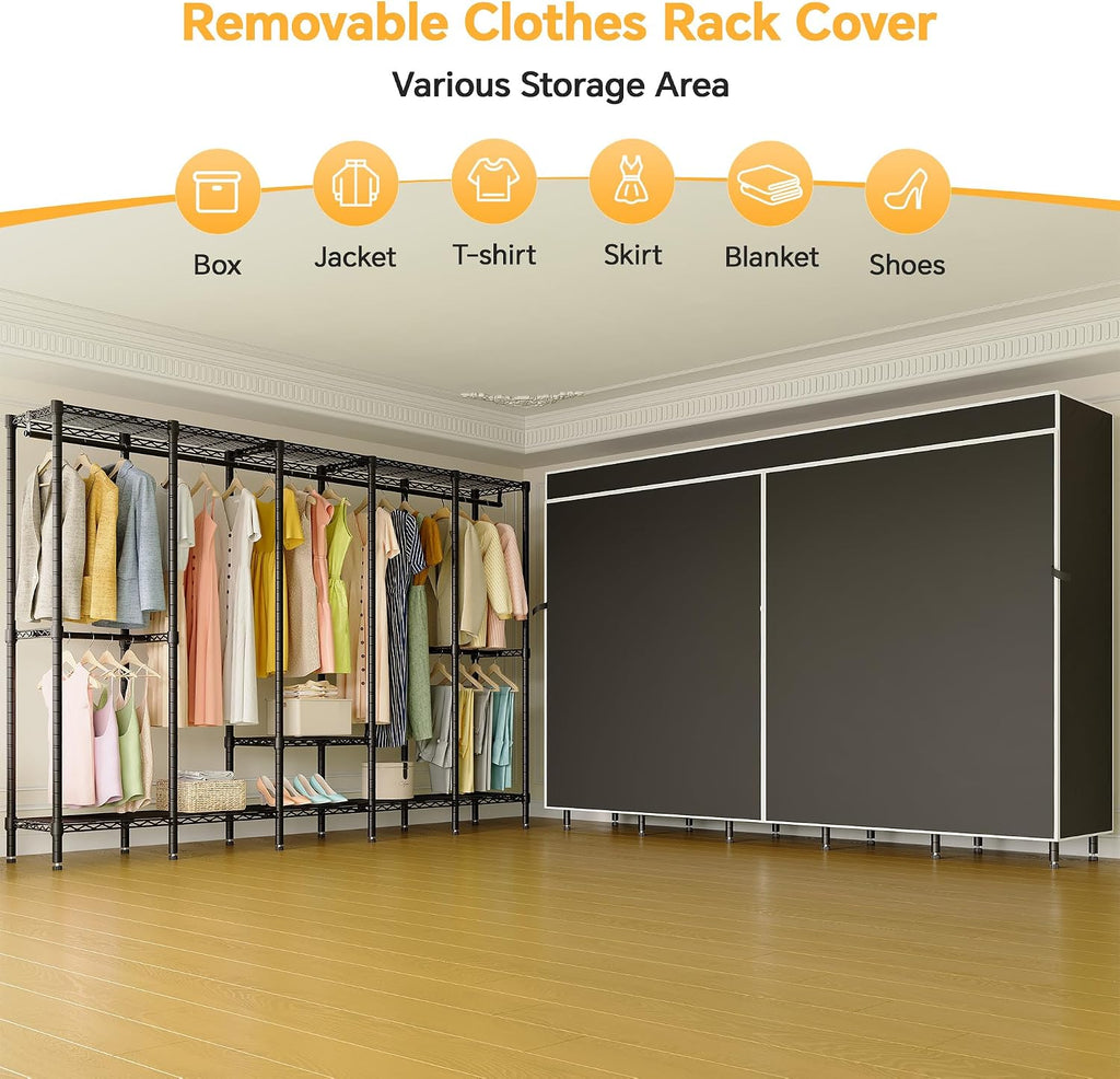 Higeego 94.5'W Heavy Duty Clothing Rack with Cover, H5C Garment Rack with Adjustable Shelves Freestanding Wardrobe Closet with Hanging Rods Portable Closet, Black Rack with Black Cover, Load 1400 lbs