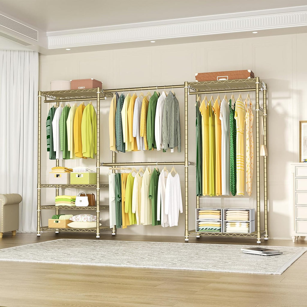 Ulif E1 Heavy Duty Closet Garment Rack, 6 Tiers Adjustable Metal Freestanding Expandable Clothing Storage with 4 Hanger Rods, Easy to Assemble Wardrobe, 71.4' H x (70' - 88.2') L x 14' D, Gold