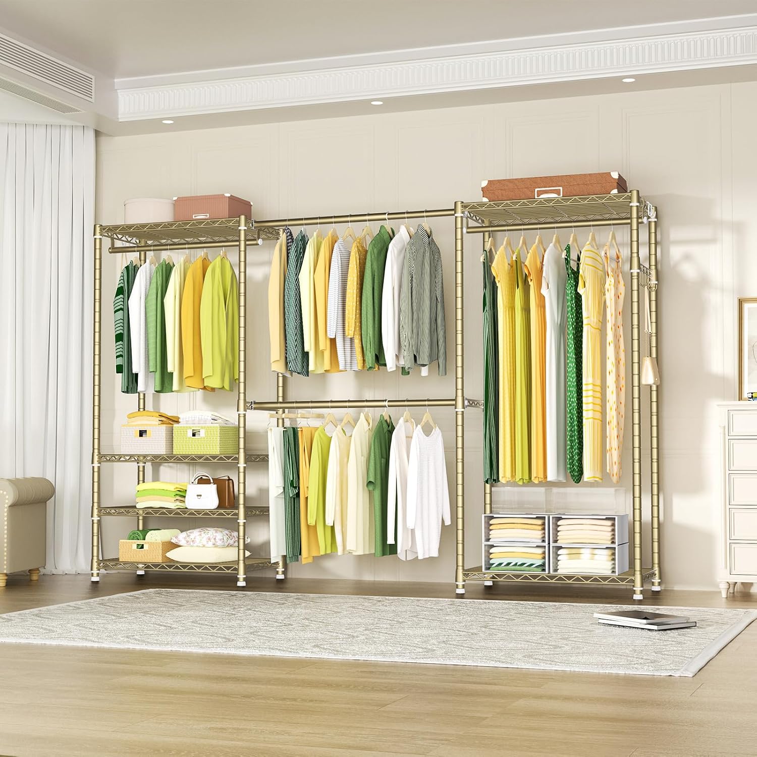 Ulif E1 Heavy Duty Closet Garment Rack, 6 Tiers Adjustable Metal Freestanding Expandable Clothing Storage with 4 Hanger Rods, Easy to Assemble Wardrobe, 71.4' H x (70' - 88.2') L x 14' D, Gold