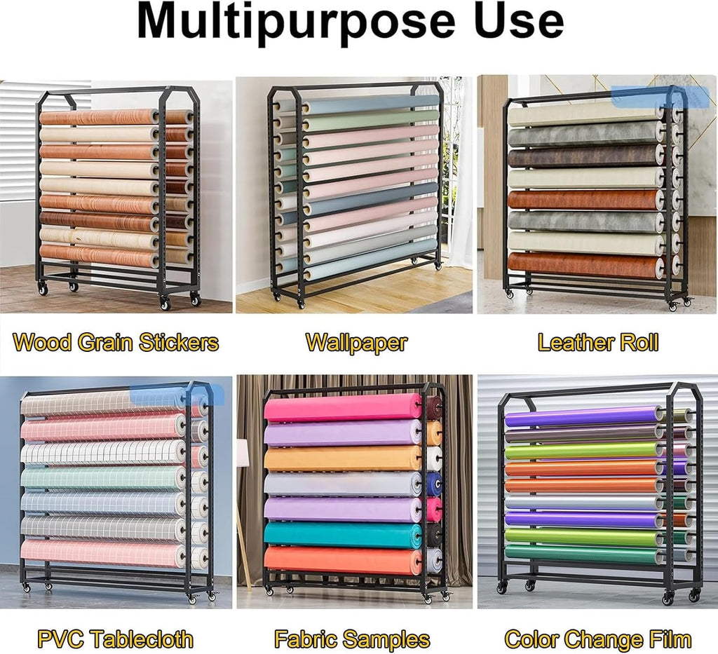 Commercial Fabric Roll Storage Rack, Large Textile Fabric Display Rack with Adjustable Hanging Rod, Movable Organizer Holder for Vinyl Roll/Leather Roll/Curtain Studio/Wallpaper (18 rods)