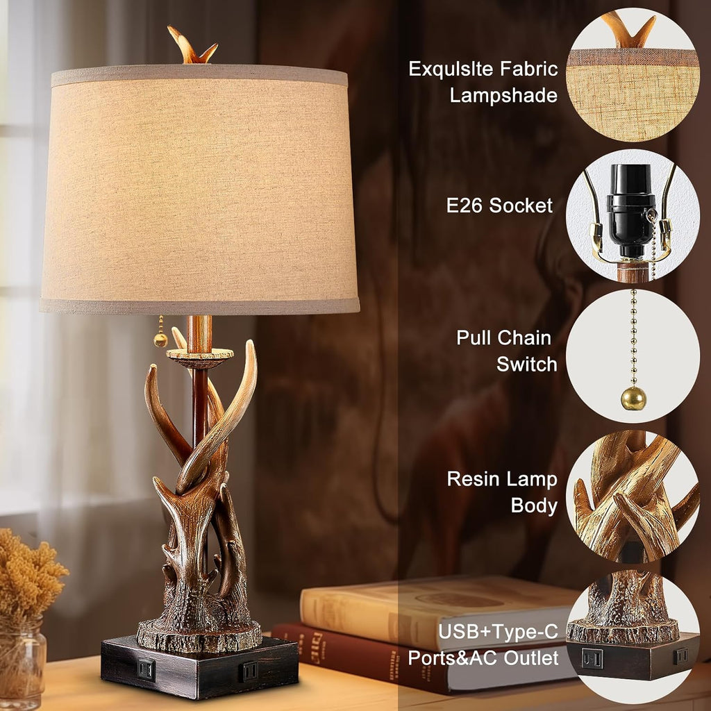 Rustic Antler Table Lamps Set of 2 with USB A+C Ports for Bedroom Farmhouse Deer Bedside Lamps with Linen Lampshade for Living Room End Table Hunting Themed Cabin Lamp Pull Chain