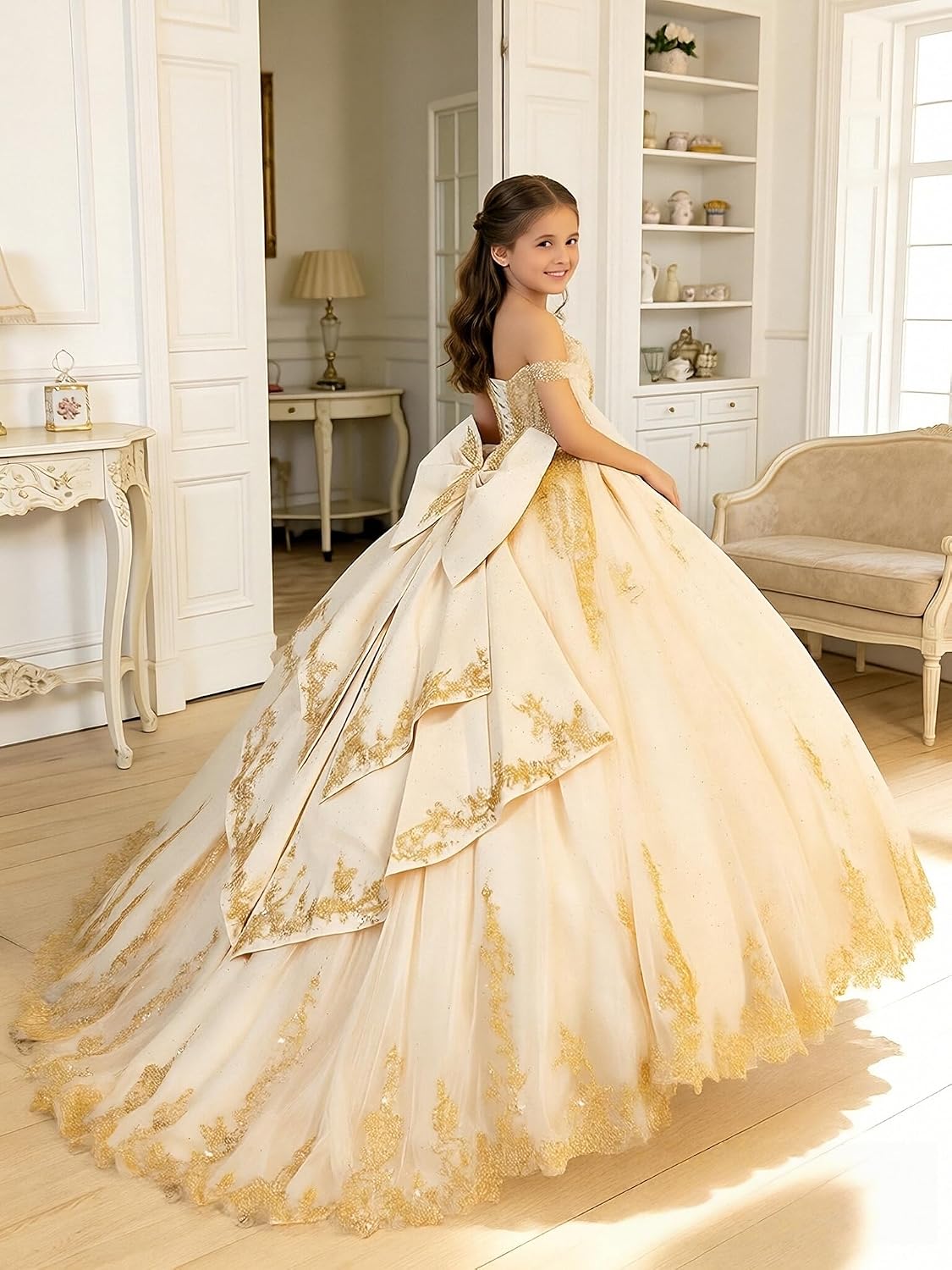 Sequin Applique Flower Girl Dress Gold Lace Pageant Dresses for Girls with Bow Off Shoulder First Communion Dress