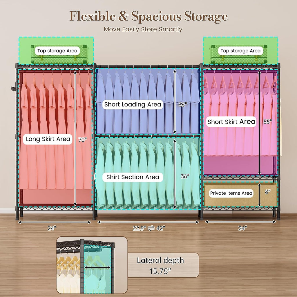 Golpart Coat Rack Clothes Wardrobe：Closet Organizer and Storage Clothing Garment Rack with Shelves Heavy Duty for Hanging Clothes Portable Adjustable Black 15.8' DX(70-88)' WX76.5 H
