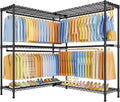 ULIFHOME E15 Max Garment Rack L Shaped Clothes Rack for Corner，Freestanding Clothing Racks for Hanging Clothes，Heavy Duty Closet System with 4 Hanging Rods & 8 S Hooks，57' W x 15.8' D x 78.4' H，Black