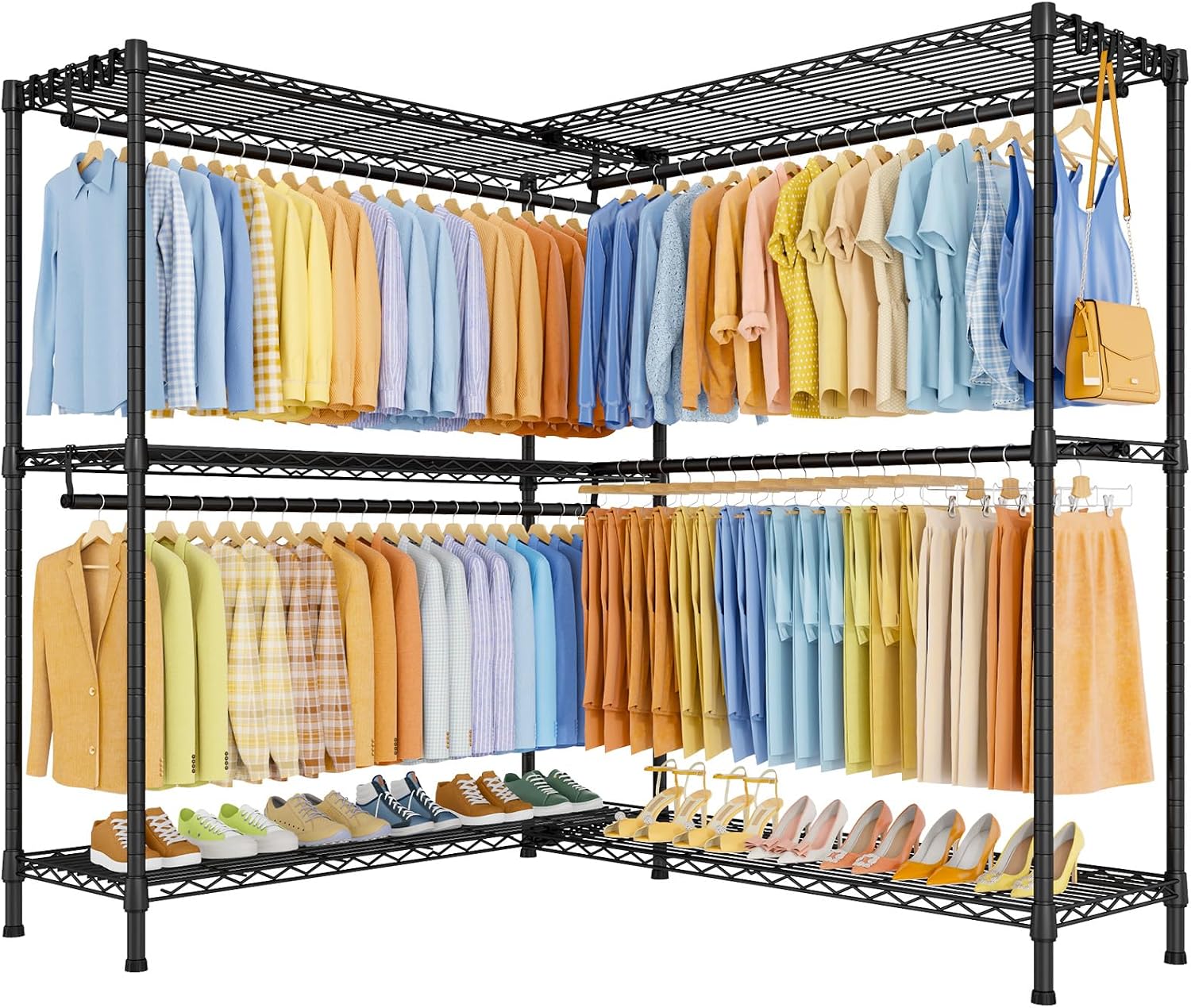 ULIFHOME E15 Max Garment Rack L Shaped Clothes Rack for Corner，Freestanding Clothing Racks for Hanging Clothes，Heavy Duty Closet System with 4 Hanging Rods & 8 S Hooks，57' W x 15.8' D x 78.4' H，Black