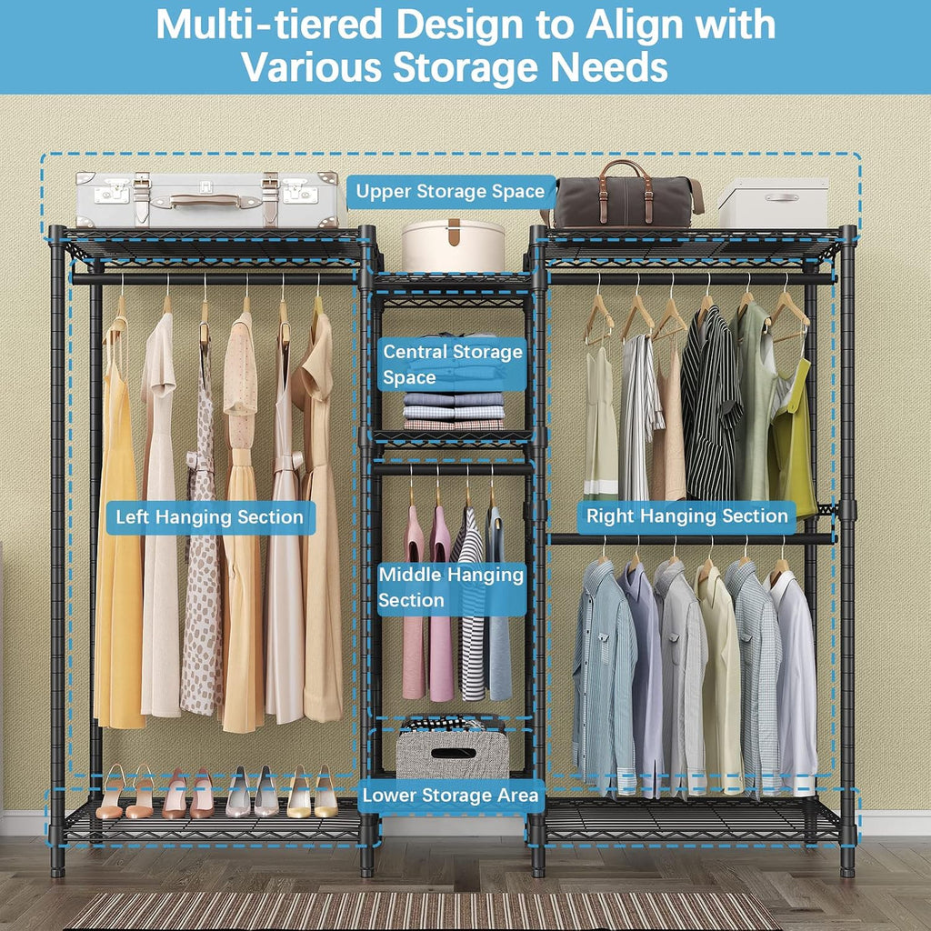 VIPEK Classic V6C Heavy Duty Covered Clothes Rack Portable Wardrobe Closet, 5 Tiers Wire Garment Rack Black Metal Clothing Rack with Grey Oxford Cover, 70.1' L x 17.3' W x 76.4' H, Max Load 870 LBS