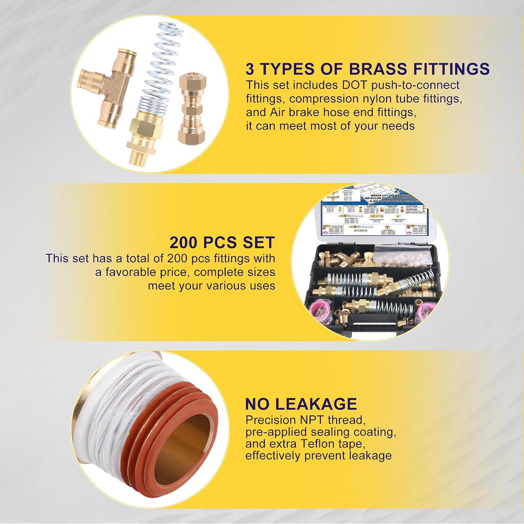 200 Pcs Brass DOT Air Brake Line Fittings & Air Nylon Tube Compression Fittings & Air Brake Hose End Fittings Assortment Kits,1/4' 1/8' 3/8' 1/2' NPT Air Hose Fittings