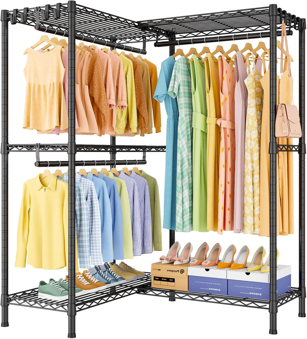 ULIFHOME E15 Garment Rack L Shaped Clothes Rack for Corner，Freestanding Clothing Racks for Hanging Clothes，Heavy Duty Closet Organizer with 4 Hanging Rods & 8 S Hooks，43.4' W x 15.8' D x 78.4' H，Black