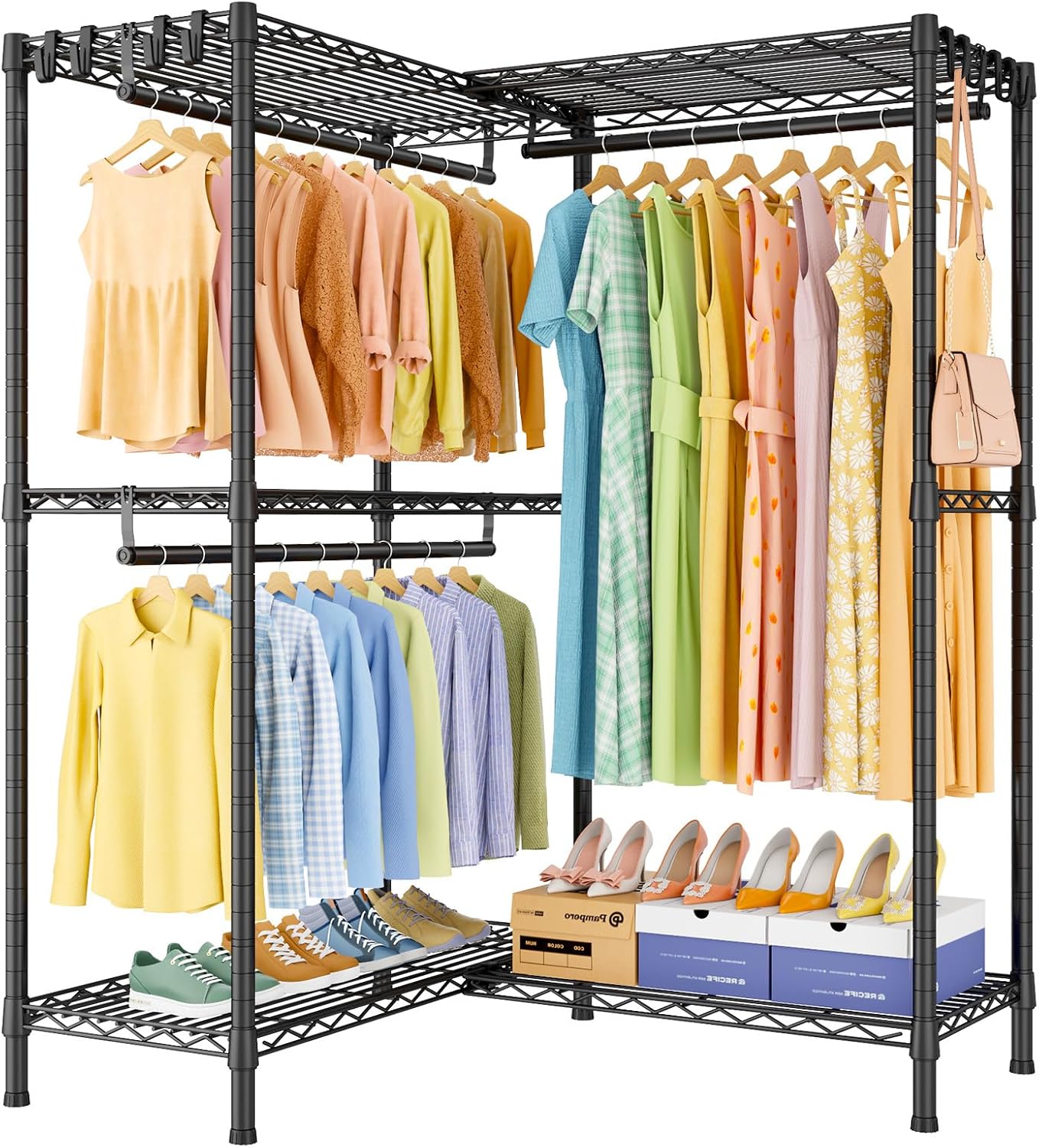 ULIFHOME E15 Garment Rack L Shaped Clothes Rack for Corner，Freestanding Clothing Racks for Hanging Clothes，Heavy Duty Closet Organizer with 4 Hanging Rods & 8 S Hooks，43.4' W x 15.8' D x 78.4' H，Black