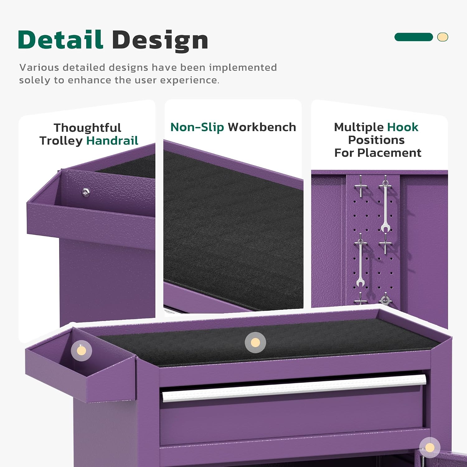 Greenvelly Tool Chest, 5-Drawer Rolling Tool Chest with Hooks and Lockable Wheels,Metal Storage Detachable Top Tool Box with Lockable Wheels for Garage,Workshop,Art Studio(Purple)