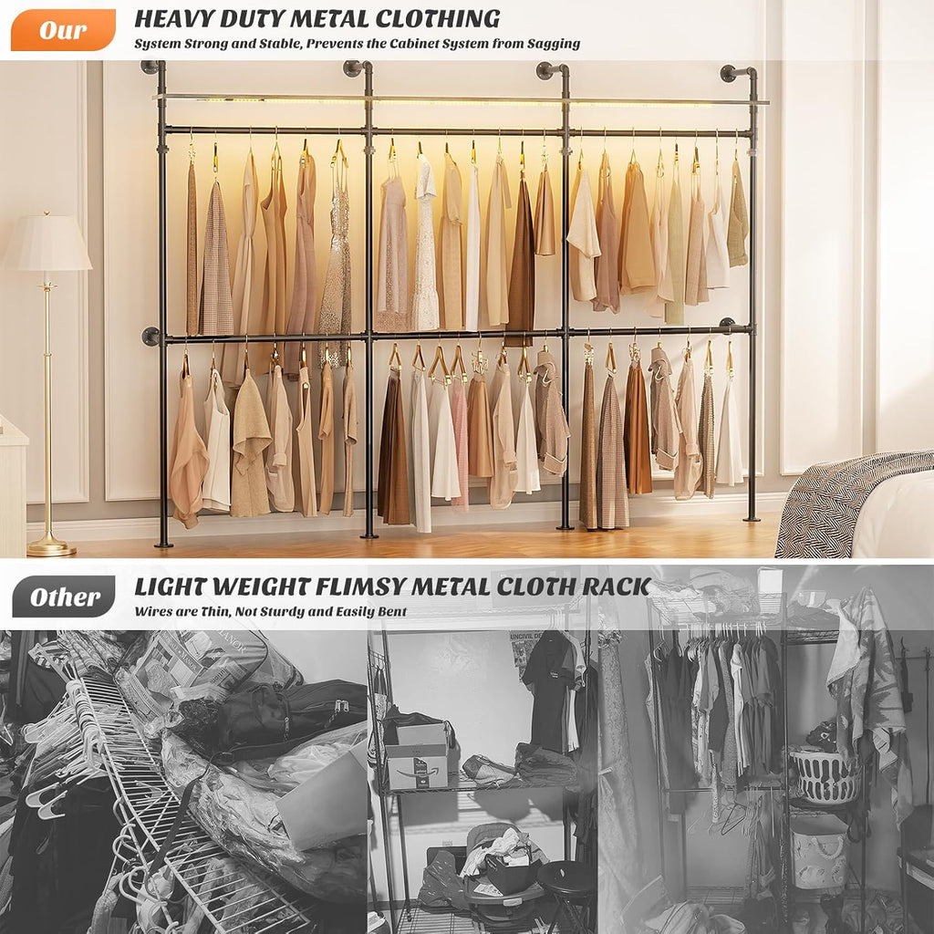 Aheaplus Industrial Pipe Clothing Rack, Reversible 118.3'' Clothes Rack for Hanging Clothes, Heavy Duty Garment Rack Closet Wardrobe Rack with LED Lights& Shelves, Walk-in Closet System, Black Oak