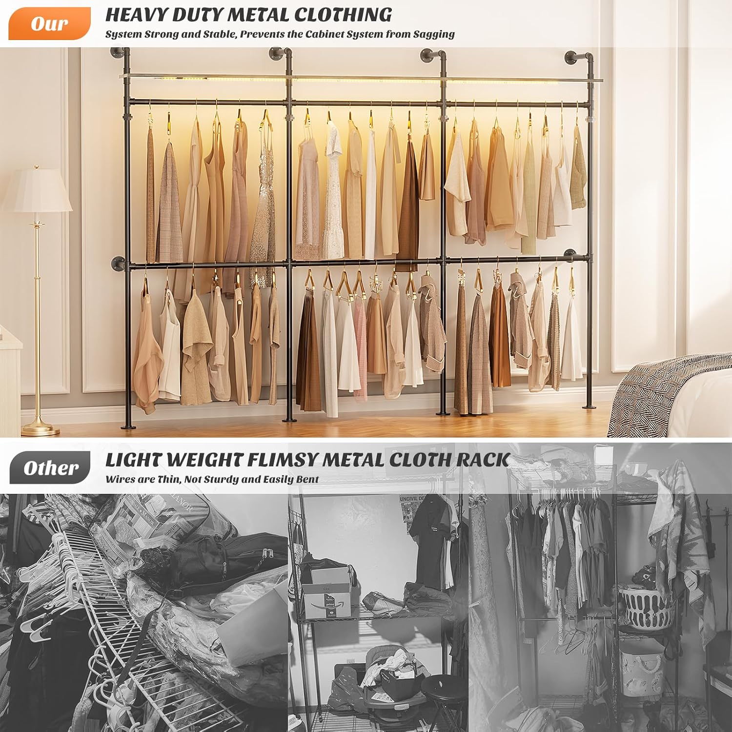 Aheaplus Industrial Pipe Clothing Rack, Reversible 118.3'' Clothes Rack for Hanging Clothes, Heavy Duty Garment Rack Closet Wardrobe Rack with LED Lights& Shelves, Walk-in Closet System, Black Oak