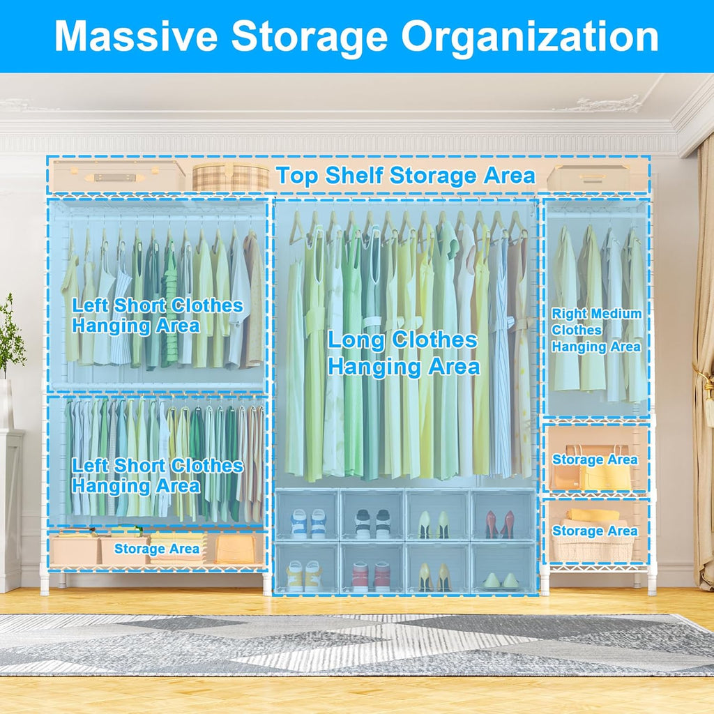 Ulif E10 Clothes Rack（With Stretchable Hanger Rod）Freestanding Clothing Racks for Hanging Clothes，Adjustable Closet Organizer System，Portable Garment Rack 73-97'W x 15' D x 72' H，Max Load 800LBS，White