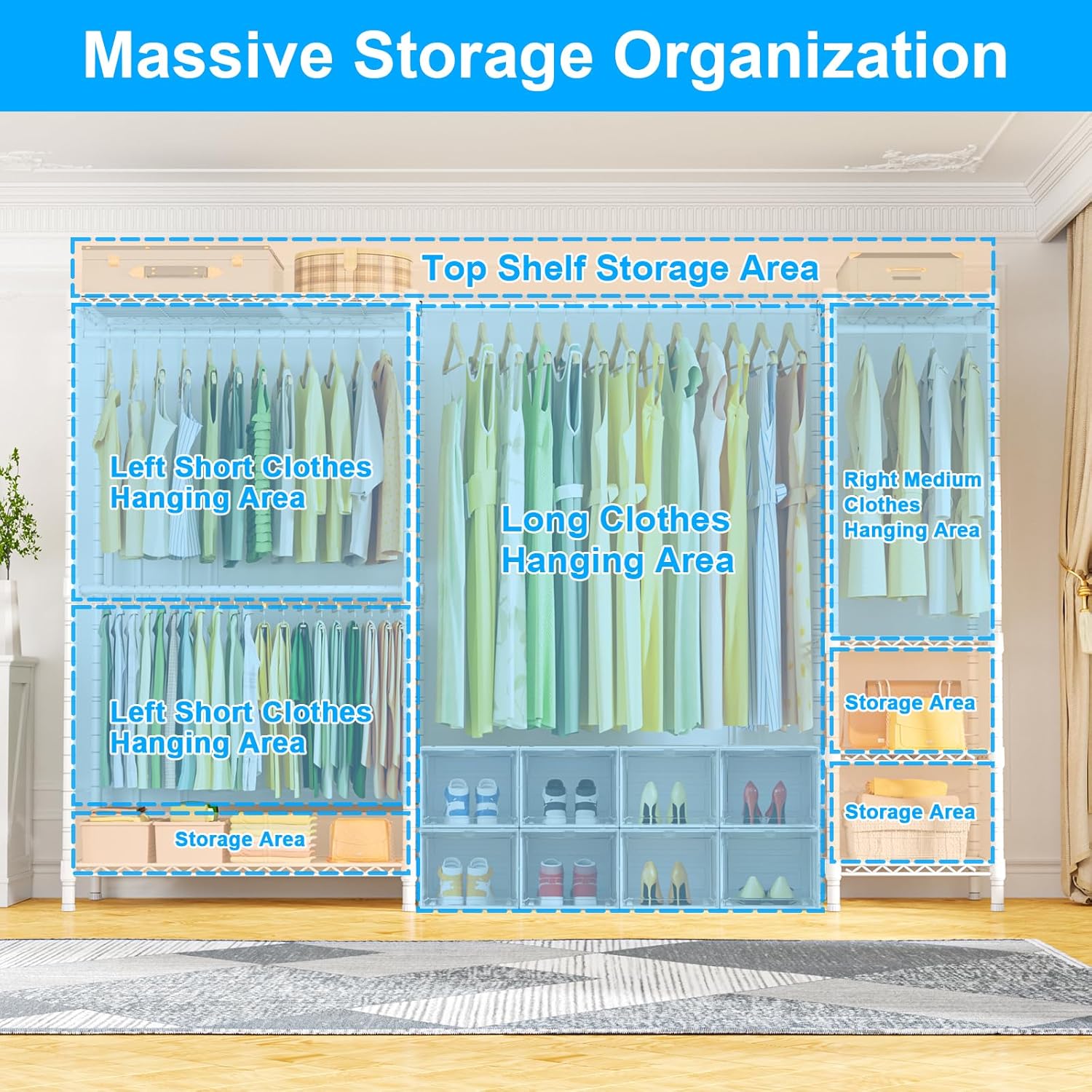 Ulif E10 Clothes Rack（With Stretchable Hanger Rod）Freestanding Clothing Racks for Hanging Clothes，Adjustable Closet Organizer System，Portable Garment Rack 73-97'W x 15' D x 72' H，Max Load 800LBS，White