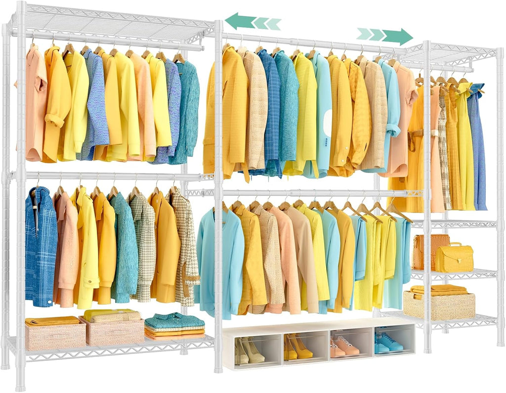 SEMHOR E01 Expandable Heavy Duty Clothes Rack, Free Standing Closet System Organizer, Adjustable Portable Carbon Steel Garment & Clothing Racks for Hanging Clothes (72.5-96'), 800LBS Max Load, White