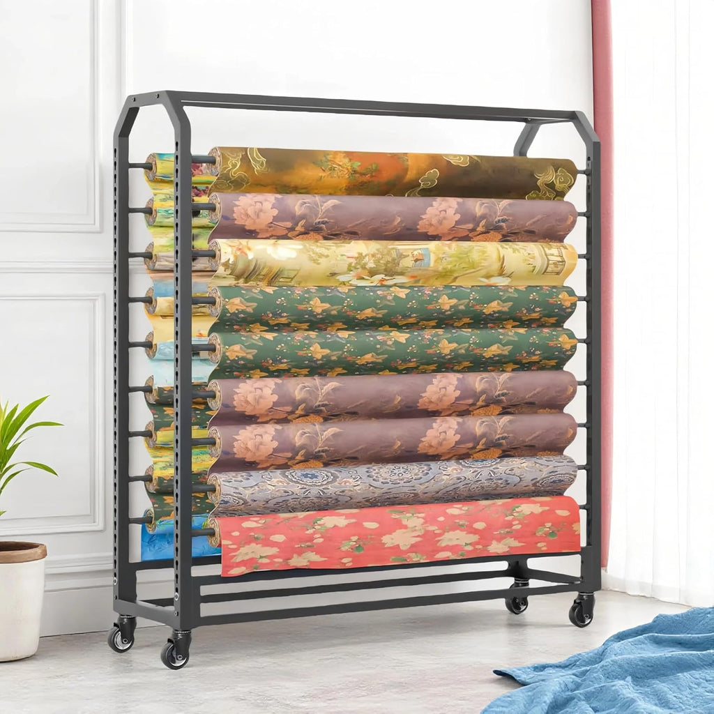 14 rods Commercial Fabric Roll Storage Rack, Large Textile Fabric Display Rack with Adjustable Hanging Rod, Movable Organizer Holder for Vinyl Roll/Leather Roll/Curtain Studio/Wallpaper (14 rods)