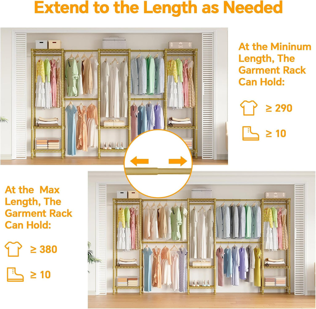 Higeego Large Clothes Rack, Clothing Rack for Hanging Clothes, Heavy Duty Garment Rack, Freestanding Wardrobe Closet with Extendable Hanger Rods, Width from 7.8 to 10.8 ft, H11 Gold