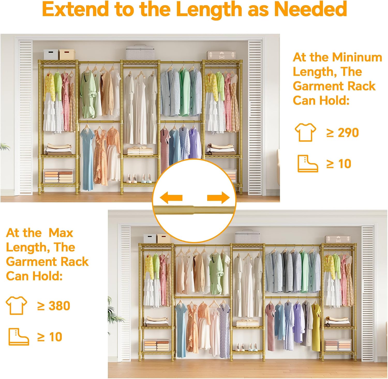 Higeego Large Clothes Rack, Clothing Rack for Hanging Clothes, Heavy Duty Garment Rack, Freestanding Wardrobe Closet with Extendable Hanger Rods, Width from 7.8 to 10.8 ft, H11 Gold