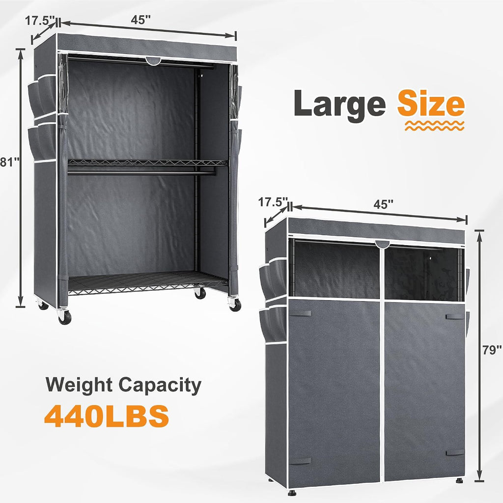 Raybee 45' W Rolling Clothes Rack with Cover Load 440LBS, Heavy Duty Portable Closets for Hanging Clothes with Adjustable Shelves & Lockable Wheels, 2-Tier for Space Saving, Tool-Free Assembly, Black