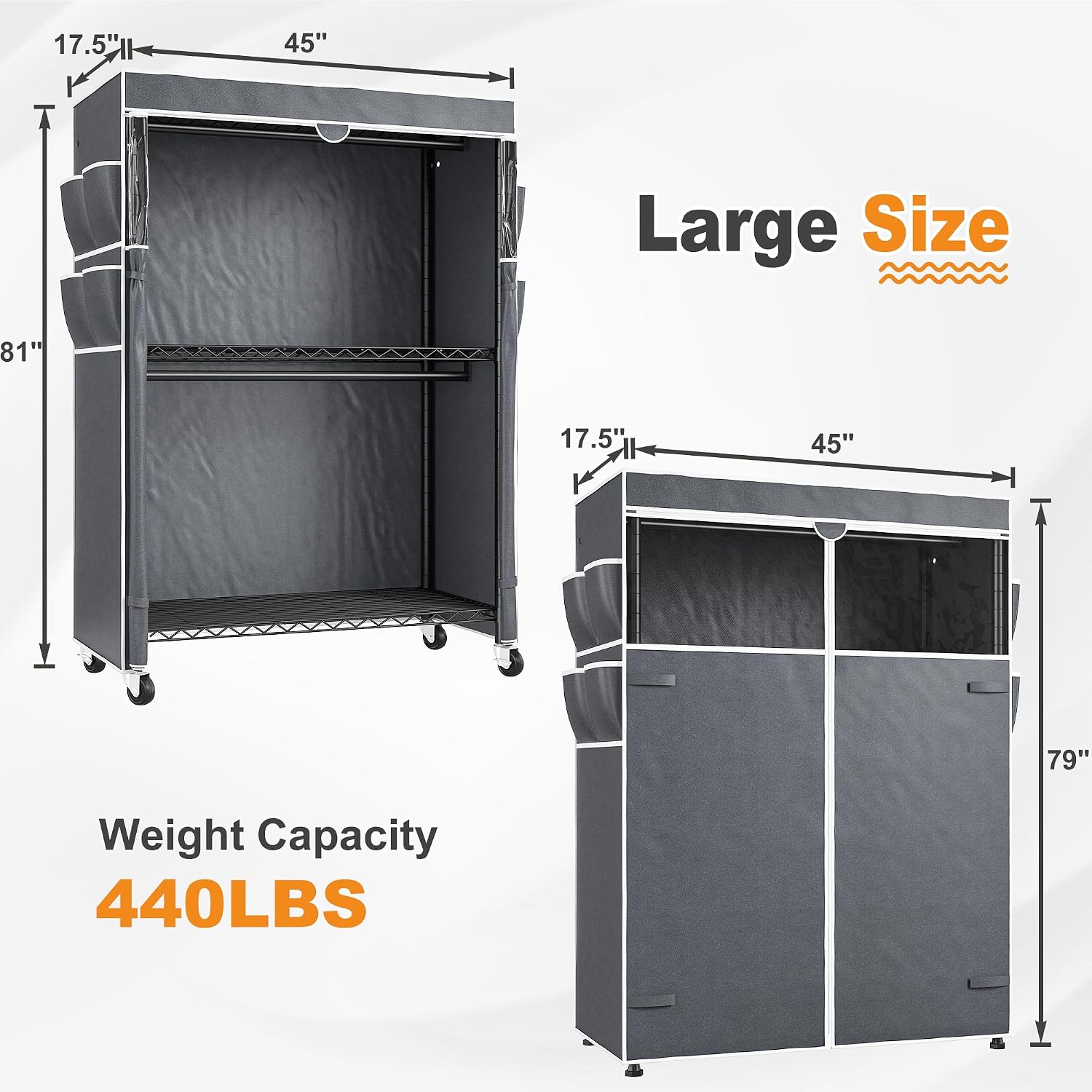 Raybee 45' W Rolling Clothes Rack with Cover Load 440LBS, Heavy Duty Portable Closets for Hanging Clothes with Adjustable Shelves & Lockable Wheels, 2-Tier for Space Saving, Tool-Free Assembly, Black
