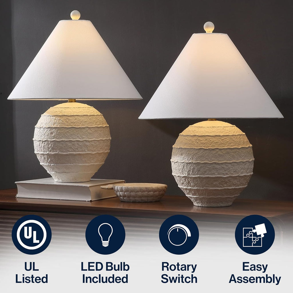 JONATHAN Y 21' Antique White Coastal Cottage Textured Resin Table Lamp Set of 2, Farmhouse Ridged Nightstand Lamps for Living Room Bedroom, White Linen Shade, LED Bulbs JYL9205A-SET2