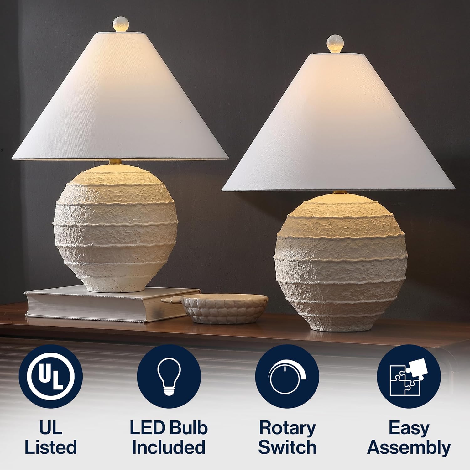 JONATHAN Y 21' Antique White Coastal Cottage Textured Resin Table Lamp Set of 2, Farmhouse Ridged Nightstand Lamps for Living Room Bedroom, White Linen Shade, LED Bulbs JYL9205A-SET2