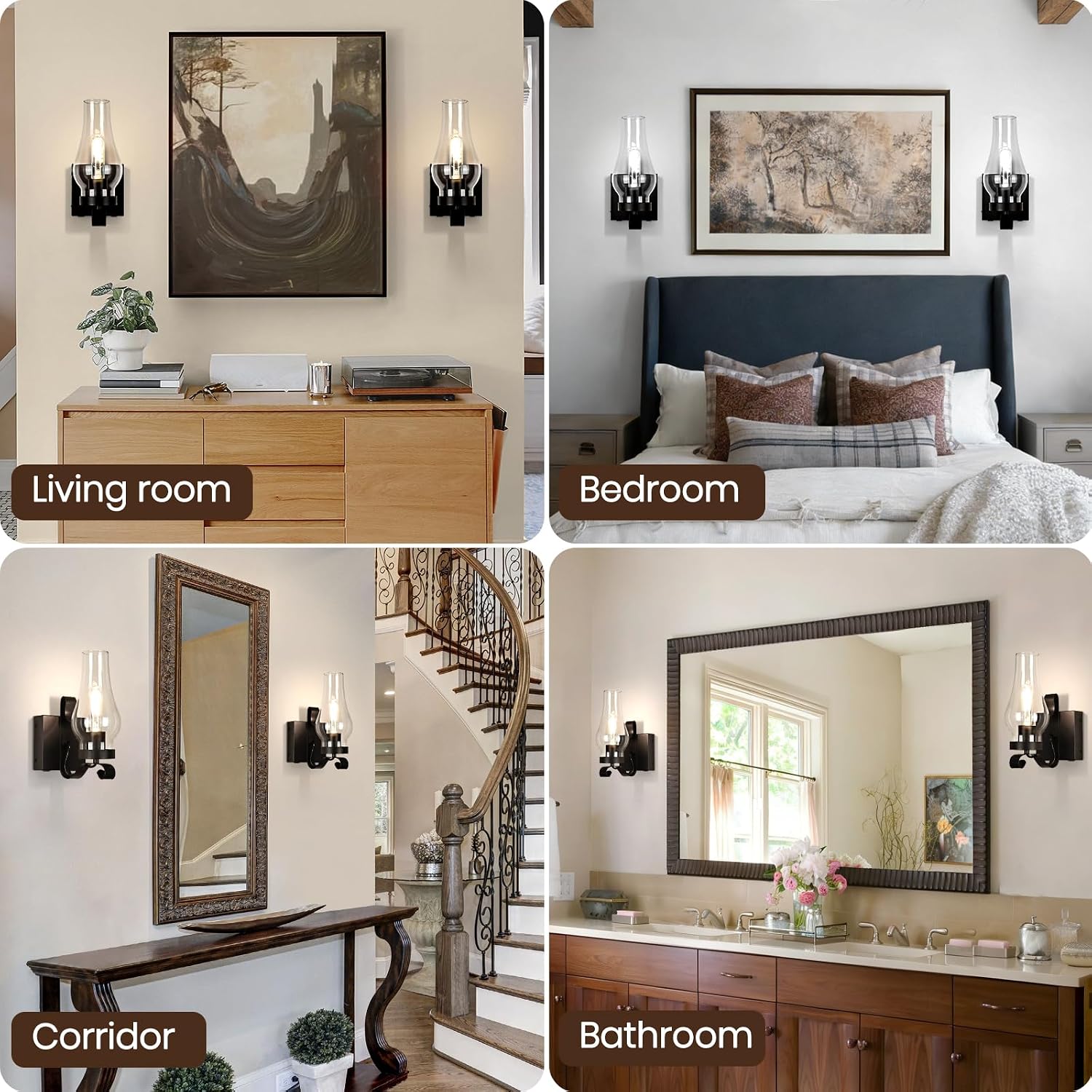 Battery Operated Wall Sconce, Rechargeable Rustic Wall Lights Set of 2, Non-Hardwired Antique Kerosene Wall Lamps, Black Vintage Bedside Wall Sconces with Remote for Bedroom, Hallway etc