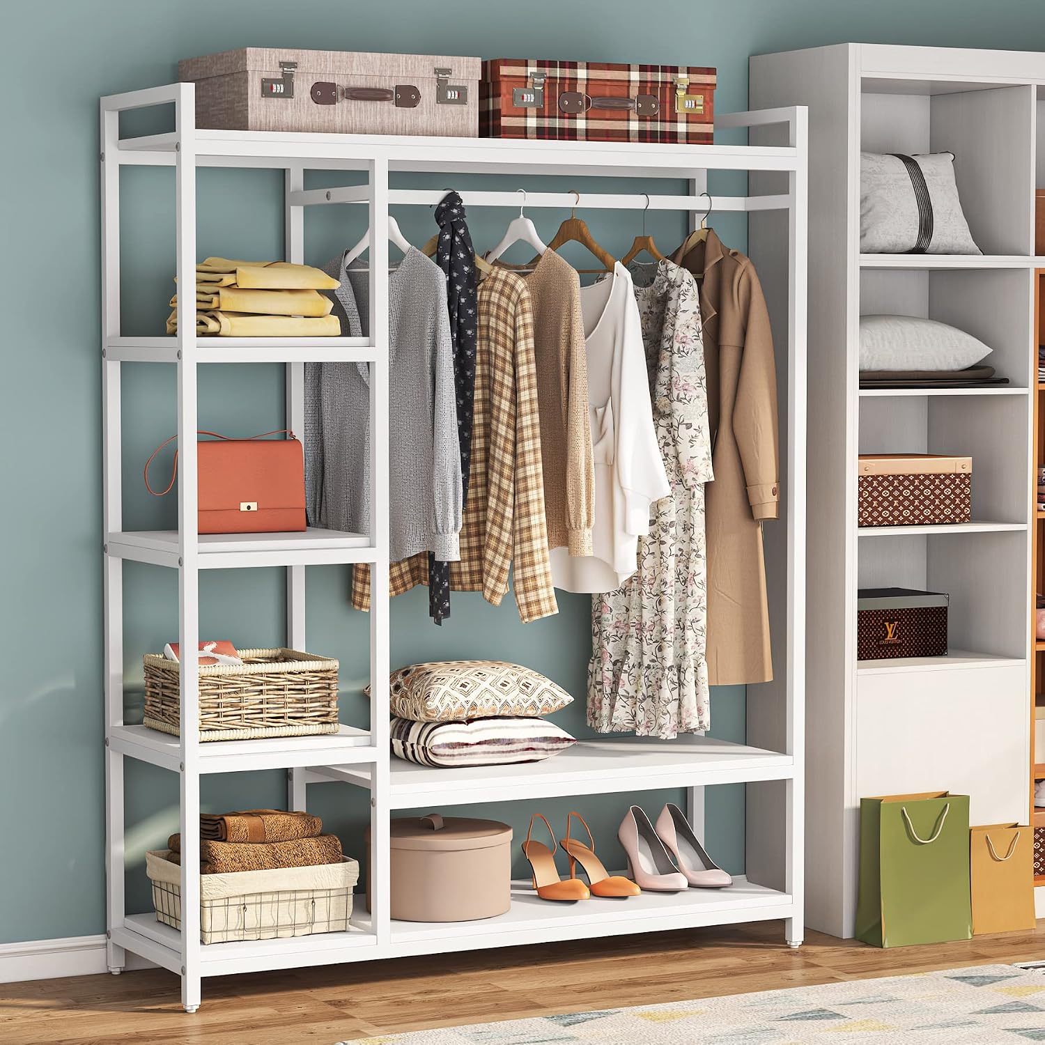 LITTLE TREE Free Standing Wood Closet Clothes Rack,Heavy Duty Grament Rack with Shelves,Hanging Racks for Clothes Clothing Rack for Bedrom,Wardrobe Closet Organizer,350 lb Capacity