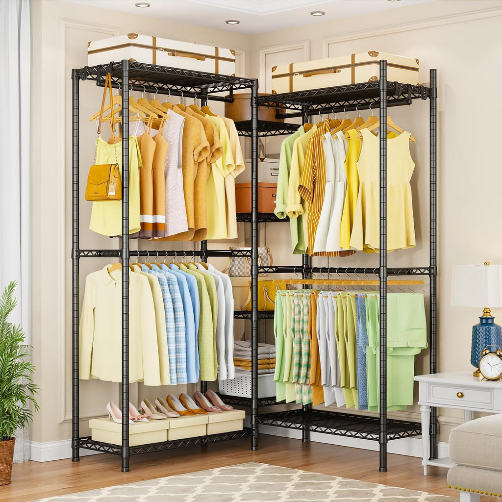 Ulif E4 Clothes Rack, Heavy-Duty Garment Rack, Metal Freestanding Clothing Organization Storage System Can Be L-Shaped with Shelves and Hangers, Max Load 962lbs, 71.6' W x 14.5' D x 79.3' H, Black