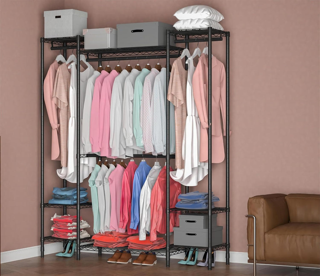 Garment Rack Heavy Duty Clothes Rack for Hanging Clothes,Metal Garment Rack,Freestanding Clothing Rack,Adjustable Custom Closet Rack,54' L x 13.8' W x 75.8' H, Max Load 750LBS,Black