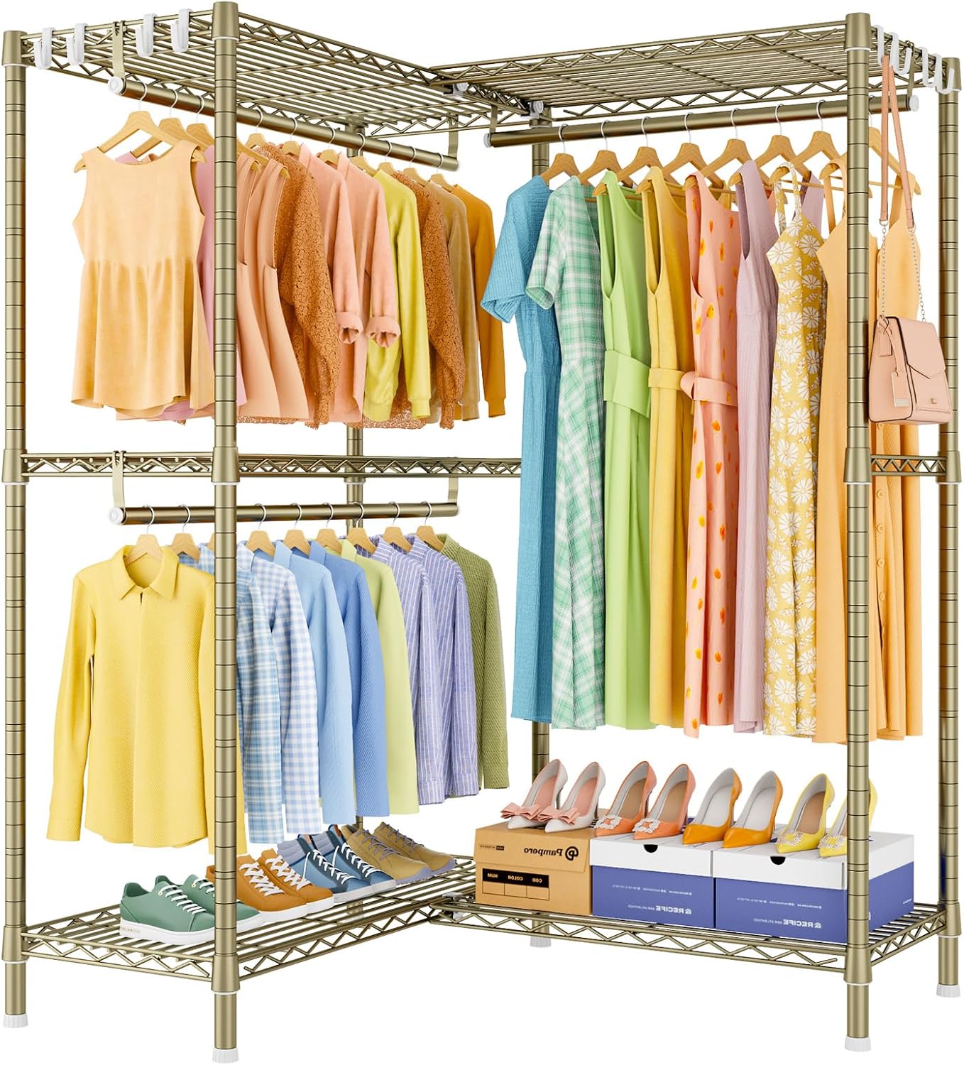 ULIFHOME E15 Garment Rack L Shaped Clothes Rack for Corner，Freestanding Clothing Racks for Hanging Clothes，Heavy Duty Closet Organizer with 4 Hanging Rods & 8 S Hooks，43.4' W x 15.8' D x 78.4' H，Gold