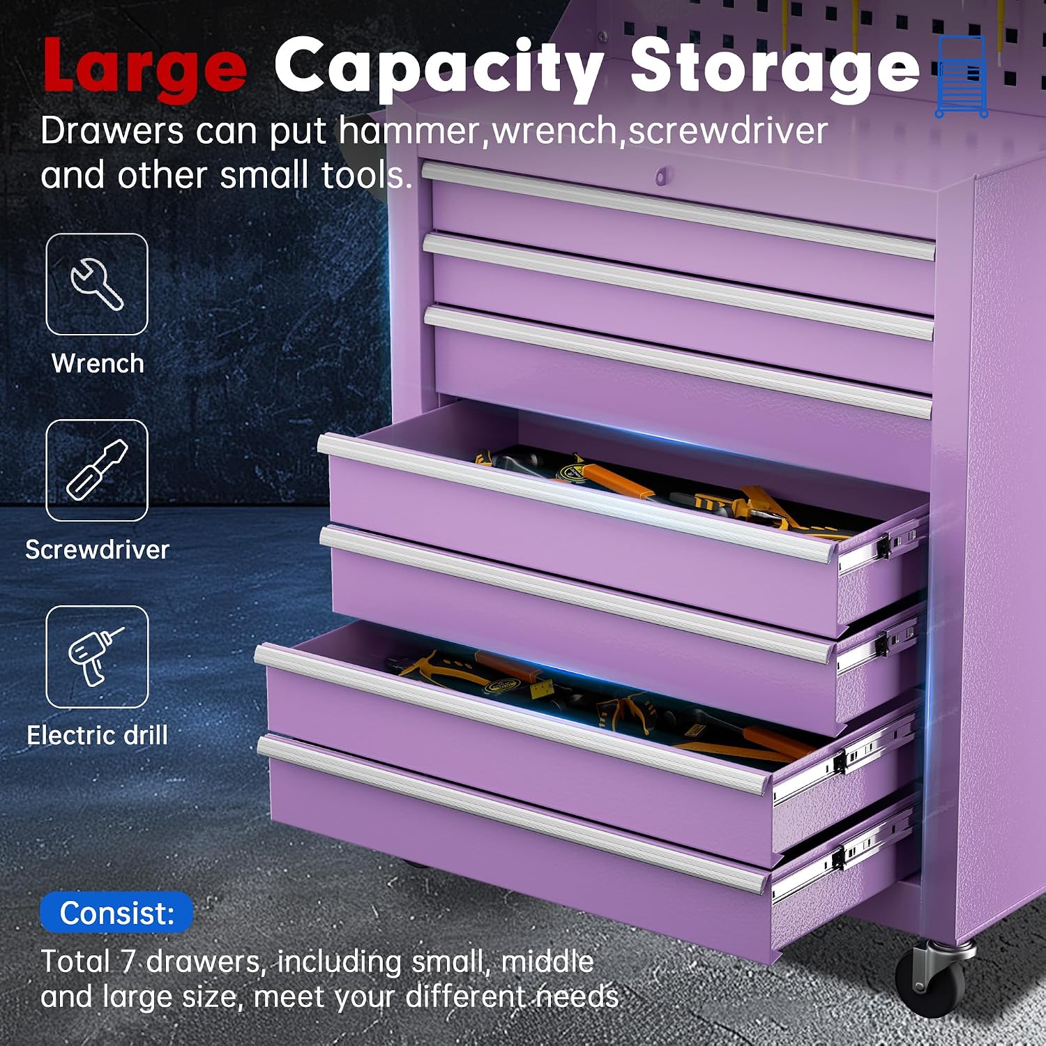 Superday Rolling Tool Chest, 7 Drawer Portable Tool Chest with Wheels, Tool Storage Cabinet with Lock for Garage, Steel Tool Cart with Pegboard & Hooks for Workshop, Warehouse (Purple)