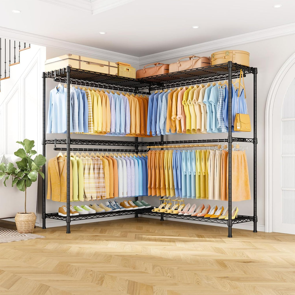 ULIFHOME E15 Max Garment Rack L Shaped Clothes Rack for Corner，Freestanding Clothing Racks for Hanging Clothes，Heavy Duty Closet System with 4 Hanging Rods & 8 S Hooks，57' W x 15.8' D x 78.4' H，Black
