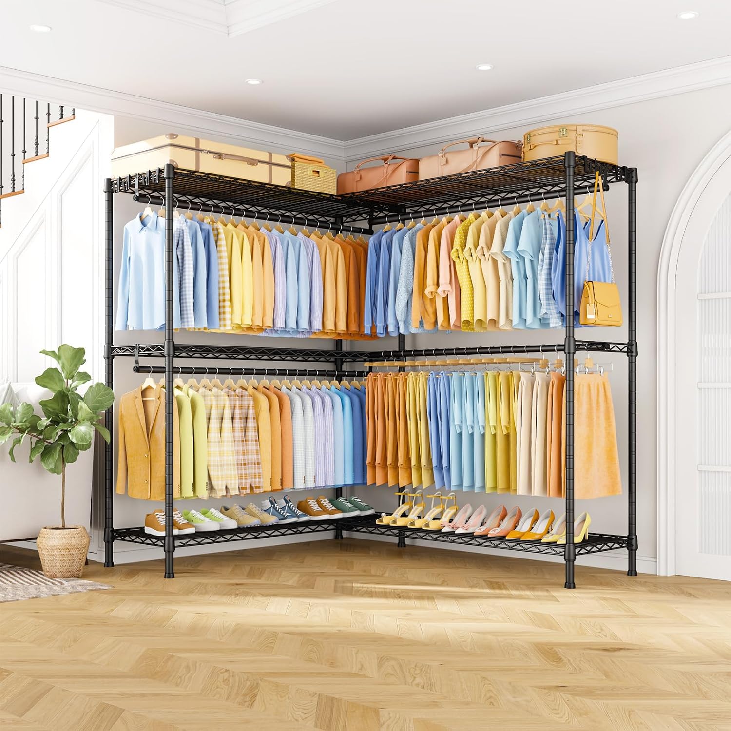 ULIFHOME E15 Max Garment Rack L Shaped Clothes Rack for Corner，Freestanding Clothing Racks for Hanging Clothes，Heavy Duty Closet System with 4 Hanging Rods & 8 S Hooks，57' W x 15.8' D x 78.4' H，Black