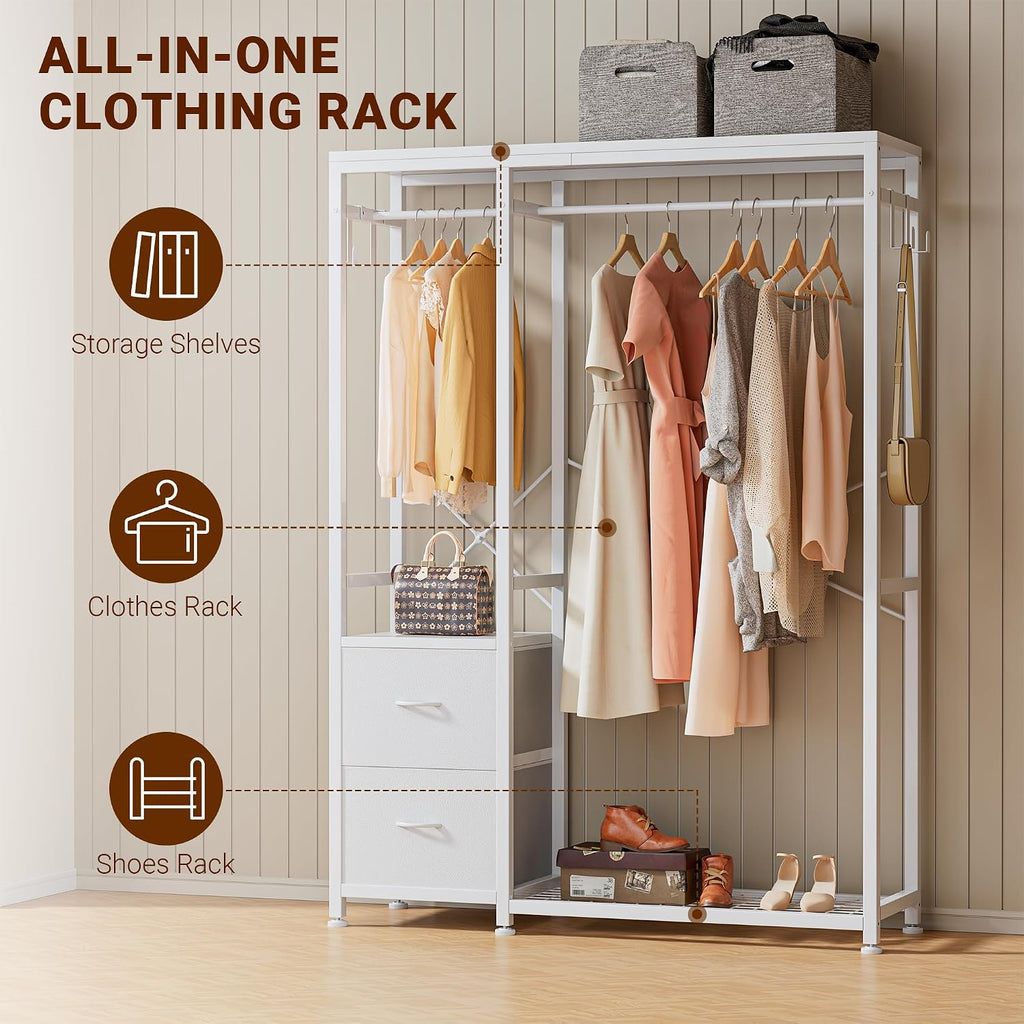 Lulive Clothes Rack with 2 Rods, Shelves, Drawers & Hooks, Garment Rack | Clothes rack with 2 hanging rods (50lbs each), 2 shelves, 2 fabric drawers & 4 hooks. 300lb total capacity. Fits small spaces