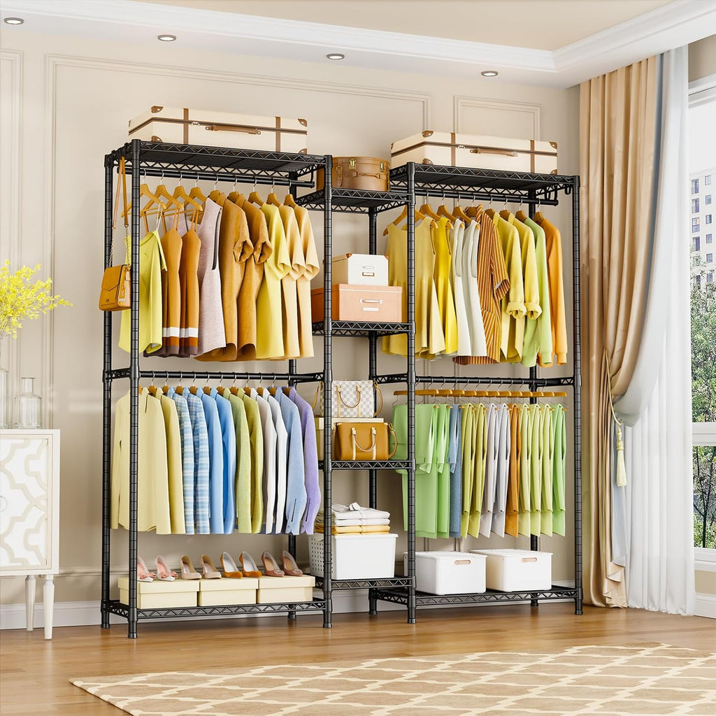 Ulif E4 Clothes Rack, Heavy-Duty Garment Rack, Metal Freestanding Clothing Organization Storage System Can Be L-Shaped with Shelves and Hangers, Max Load 962lbs, 71.6' W x 14.5' D x 79.3' H, Black