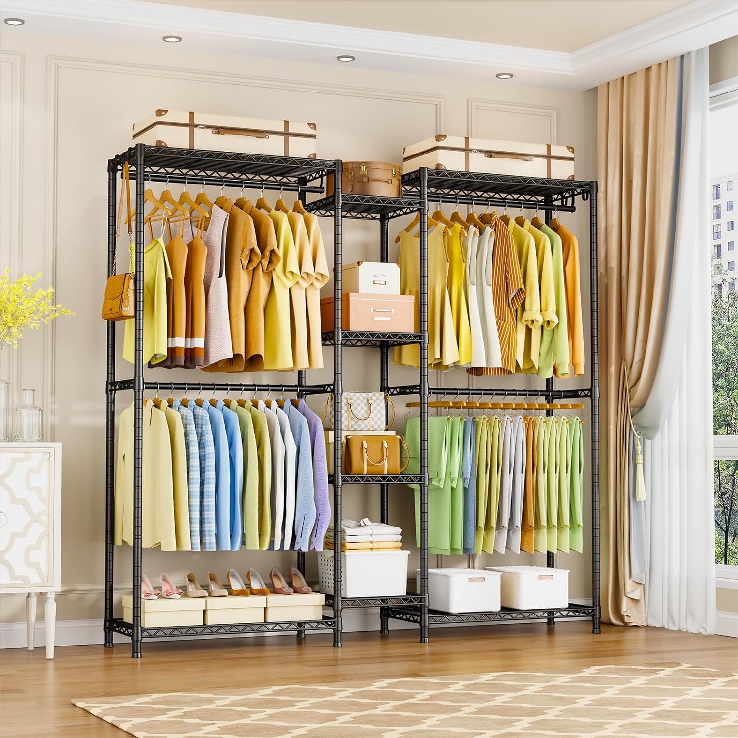 Ulif E4 Clothes Rack, Heavy-Duty Garment Rack, Metal Freestanding Clothing Organization Storage System Can Be L-Shaped with Shelves and Hangers, Max Load 962lbs, 71.6' W x 14.5' D x 79.3' H, Black