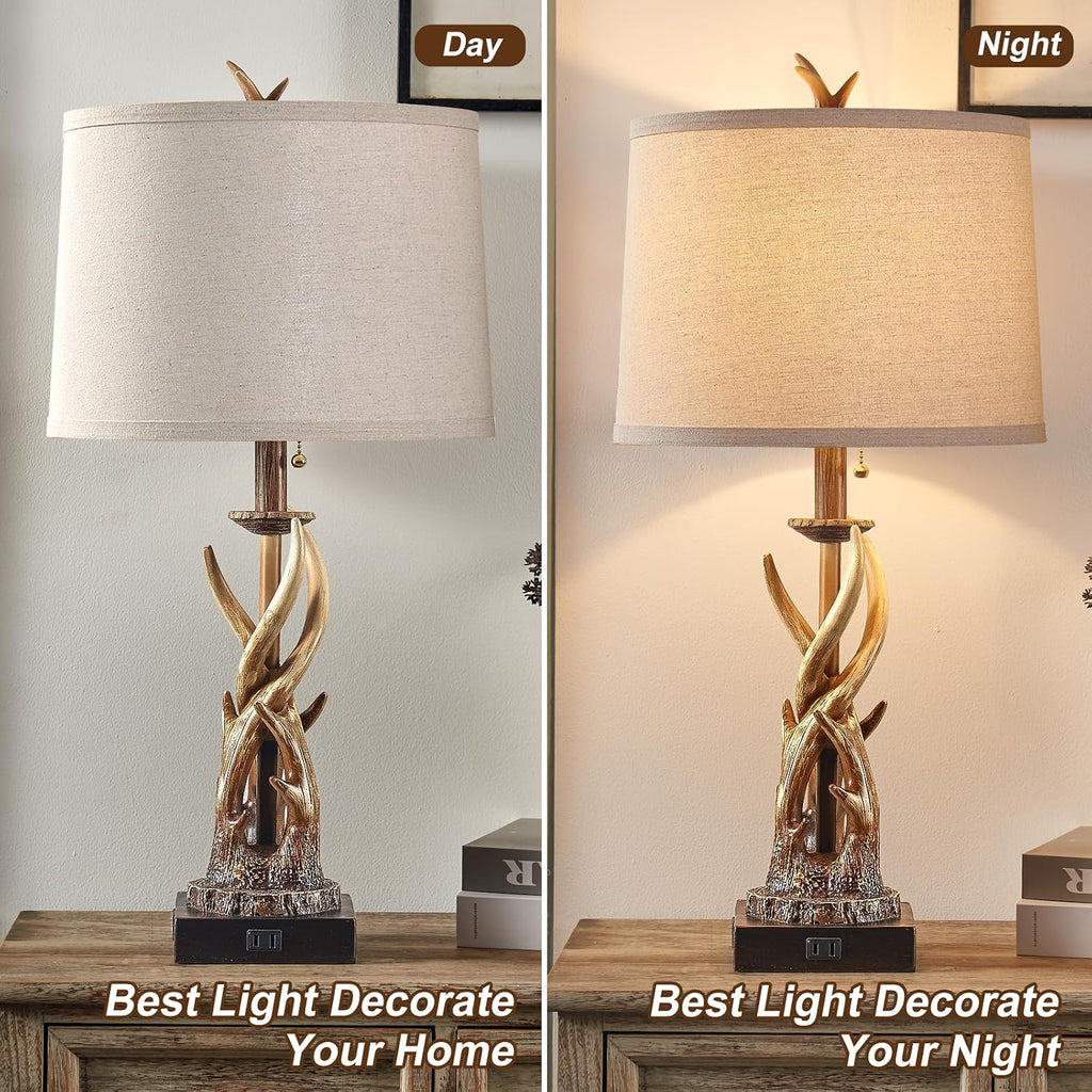 Rustic Antler Table Lamps Set of 2 with USB A+C Ports for Bedroom Farmhouse Deer Bedside Lamps with Linen Lampshade for Living Room End Table Hunting Themed Cabin Lamp Pull Chain