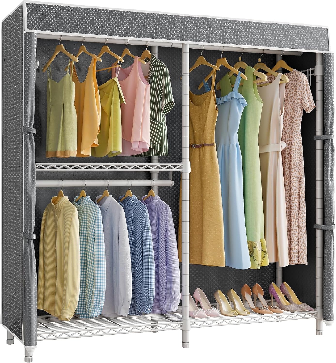 VIPEK V4C Heavy Duty Adjustable Clothing Rack, White Metal Closet Rack with Grey Cover, 57.9' L x 17.3' W x 76.4' H, 3 Hanging Rods & Side Hooks, Portable Closet