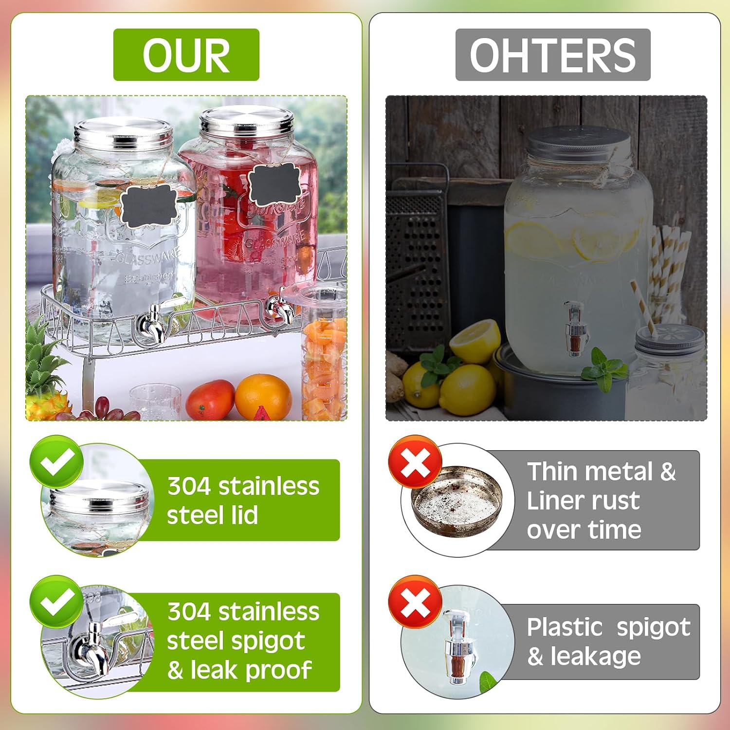 Lallisa 3 Pcs 2.5 Gallon Beverage Dispensers for Parties Glass Drink Water Dispenser with Stand Stainless Steel Leakproof Spigot Ice Cylinder Hanging Chalkboard Signs Pen(Silver)