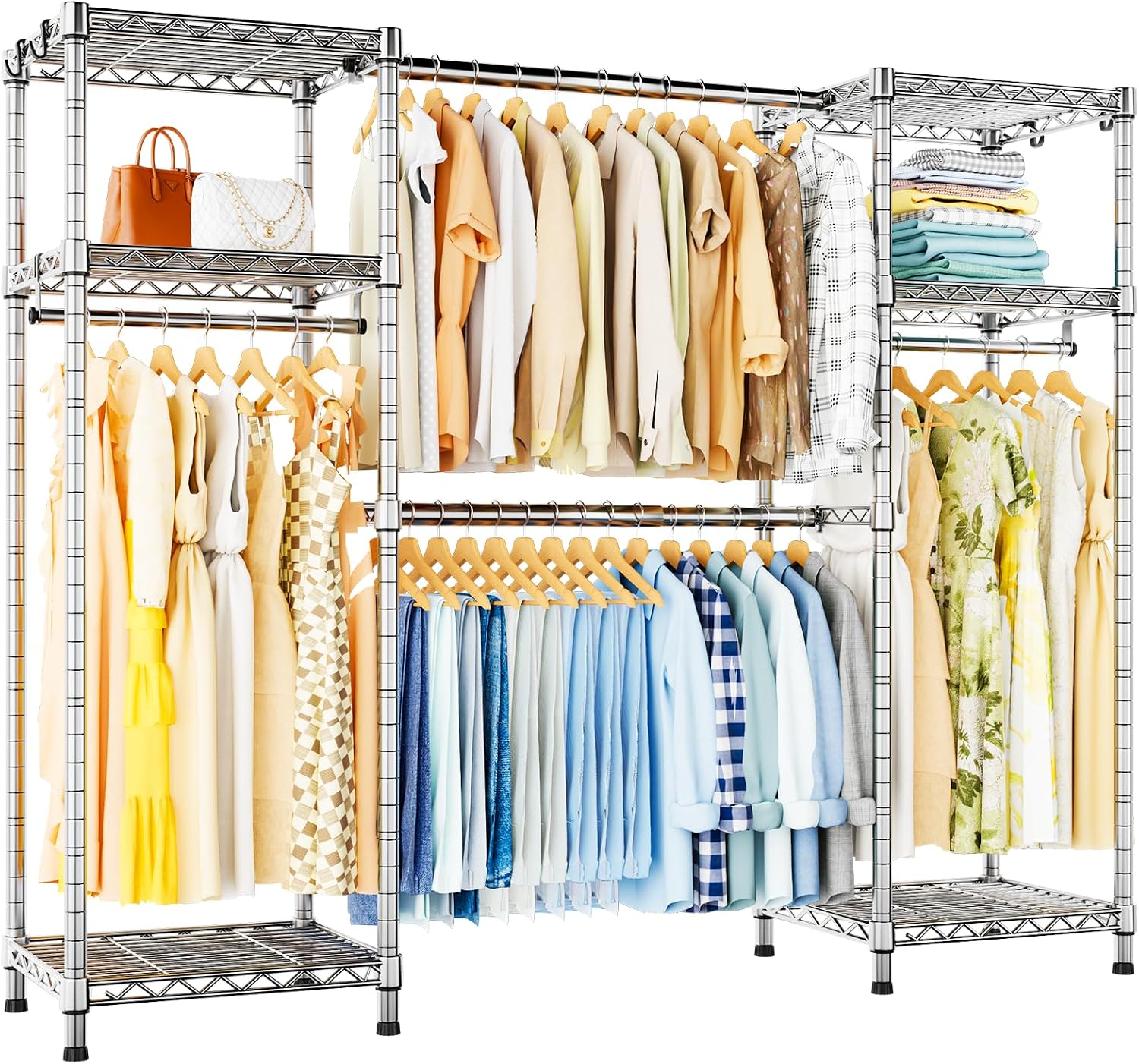 Ulif E7 Garment Rack, Heavy Duty Clothes Storage System with Extendable Hangers Rods, Metal Clothing Rack with 6 Wire Shelves, (52.3'-72') W x 14.5' D x 71.2' H, Load 838lbs, Chrome