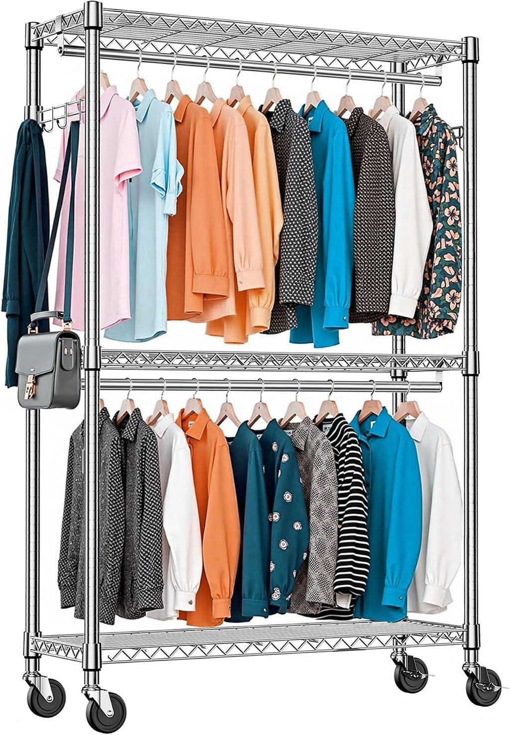 3-Tier High-Strength Rolling Garment Rack Adjustable Wire Shelving Clothing Closet Storage with 2 Hanging Rods Side Hooks Wheels Chrome 15.7' D x 45.3' W x 79.6' H